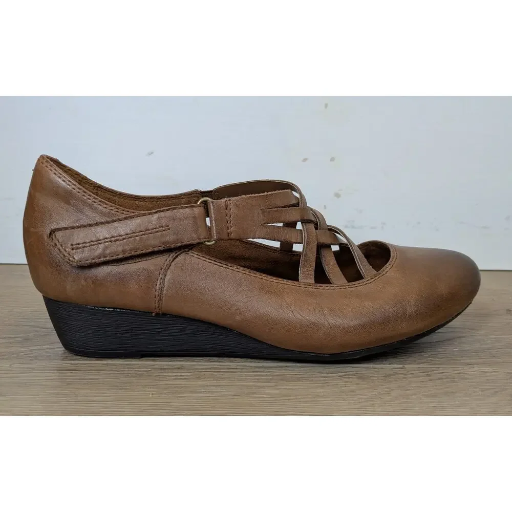 Rockport Cobb Hill Leather Wedge Heels 9.5 Brown Mary Jane Strappy Comfort Shoe